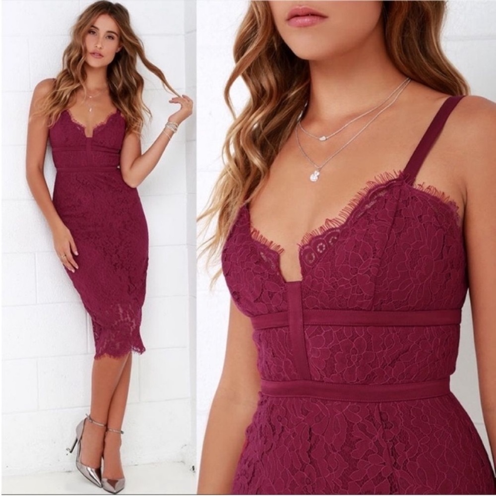 Keepsake interlude lace midi dress red plum